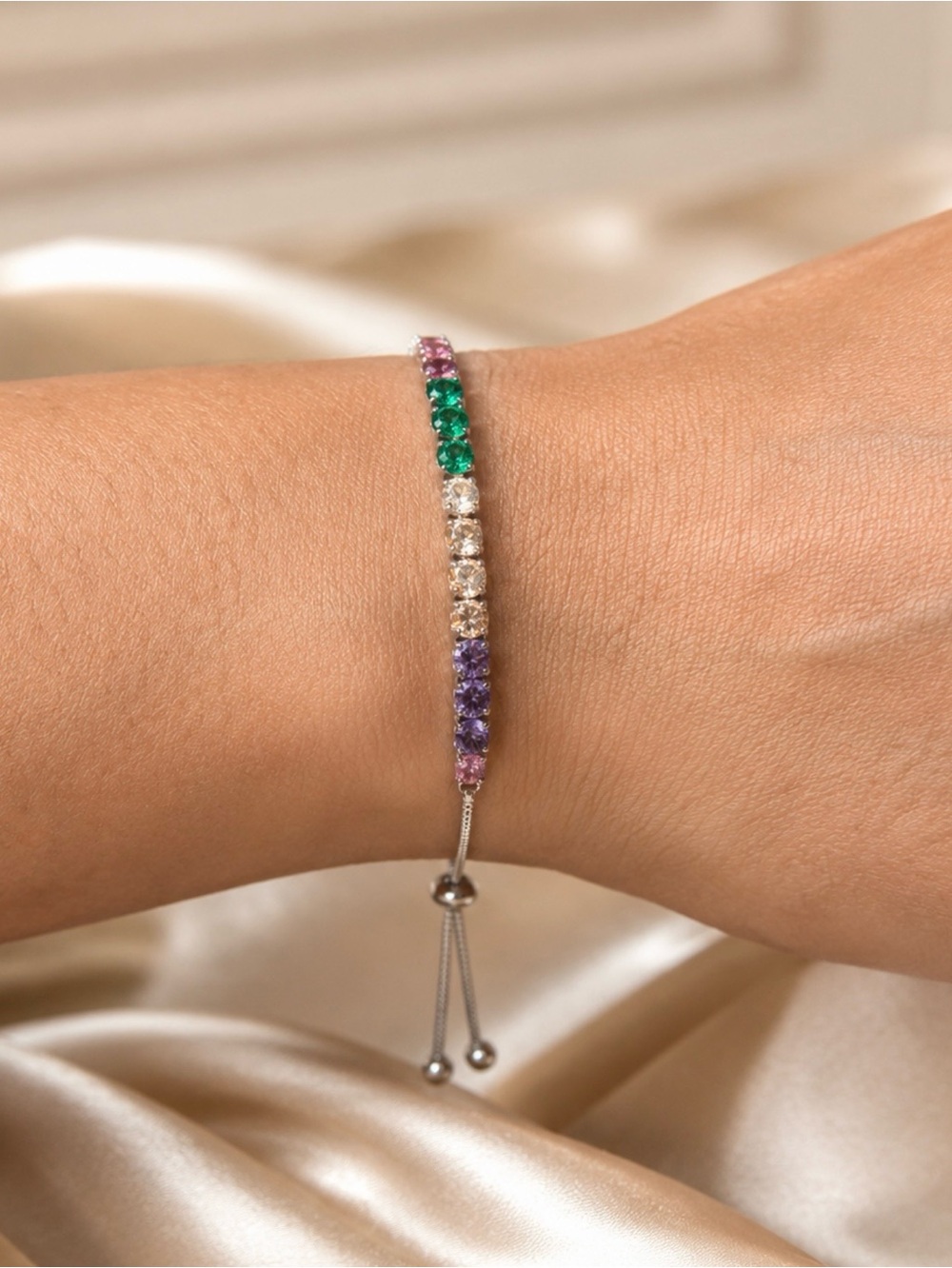NEW 18K White Gold Plated Rainbow Lariat Tennis Bracelet • Adjustable NWOT